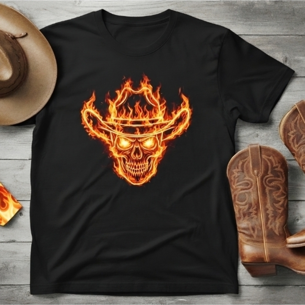 Flaming Cowboy Skull Graphic Tee | Western Biker Shirt | Fire Skull Cowboy Hat